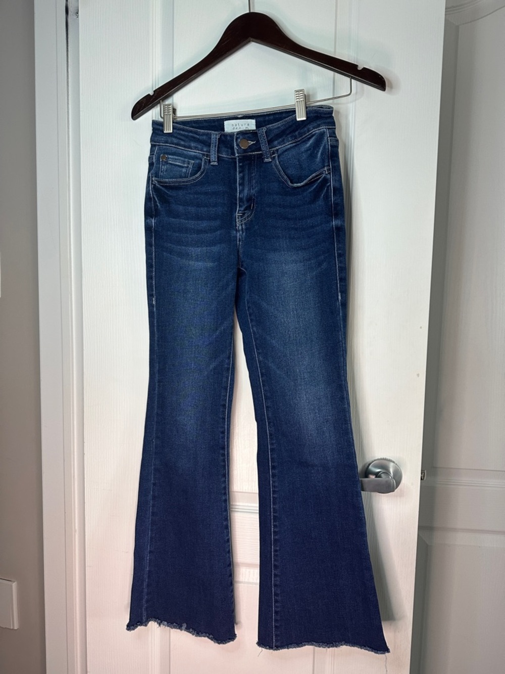 Nature Denim Dark Flare Jeans with Raw Hem waist 13.5” rise 9.5” inseam 29.5”